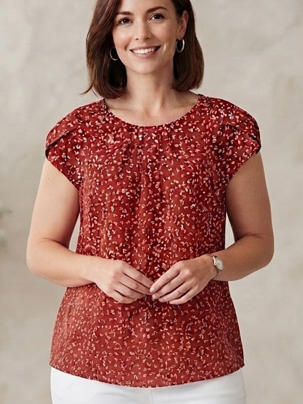 Womens Red Ditsy Print Blouse Cottagecore Boho Peasant Prairie Cap Sleeve Pleats
